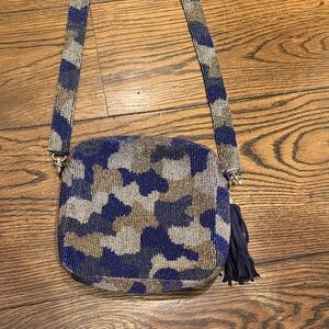 Moyna Blue and Gold “camo” Beaded Crossbody Bag with Tassel